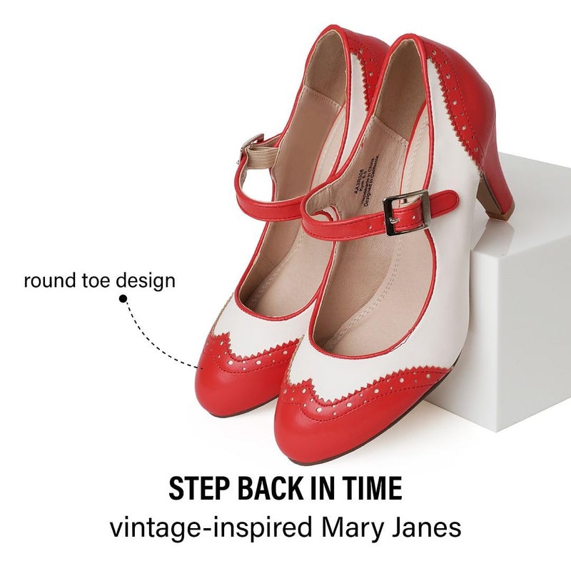 J. Adams Kym Mary Jane Shoes Women Oxford Pumps - Cute Low Kitten High Heels - Retro Vintage Shoes for Women 1950s Mary Janes Round Toe Shoe with Ankle Strap - Image 5